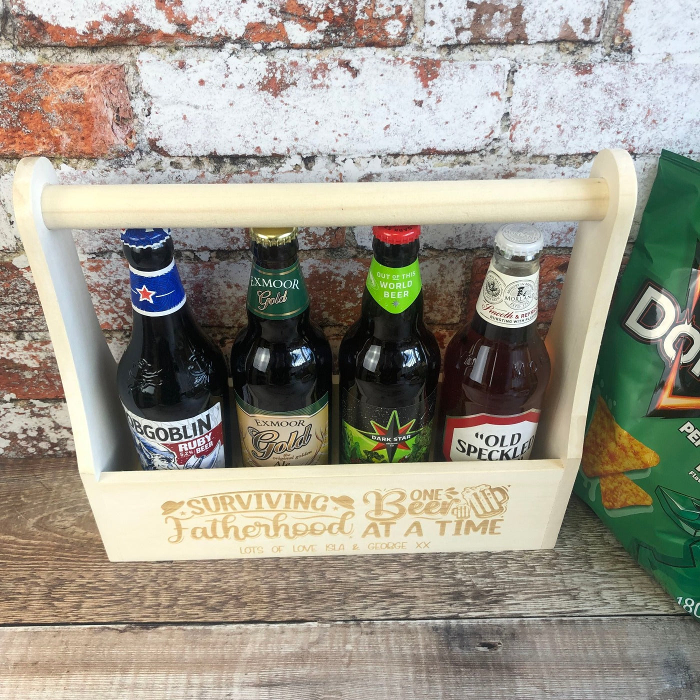 Personalised Wooden Beer Carrier - Surviving Fatherhood One Beer at a Time
