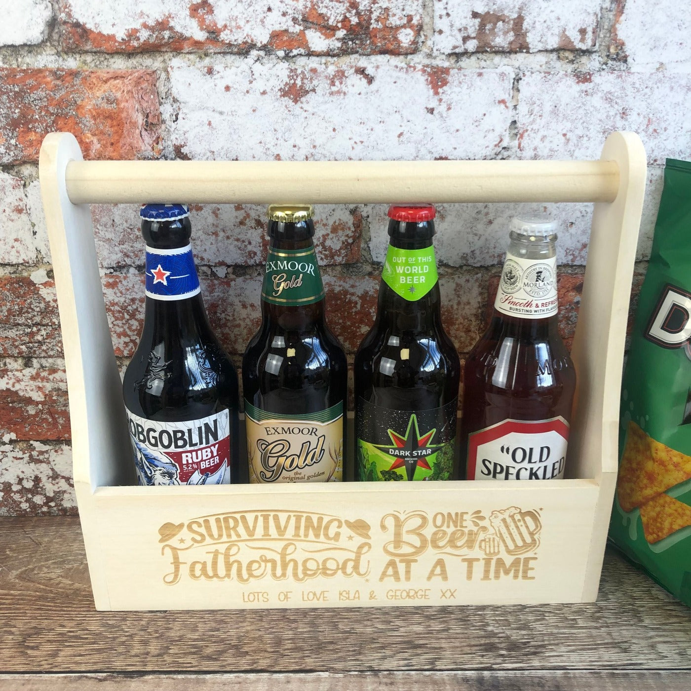 Personalised Wooden Beer Carrier - Surviving Fatherhood One Beer at a Time