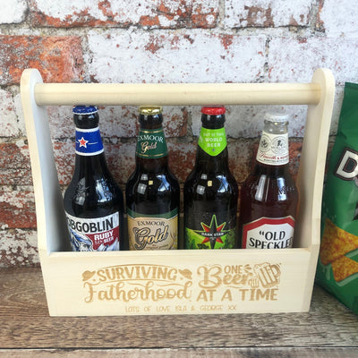Personalised Wooden Beer Carrier - Surviving Fatherhood One Beer at a Time