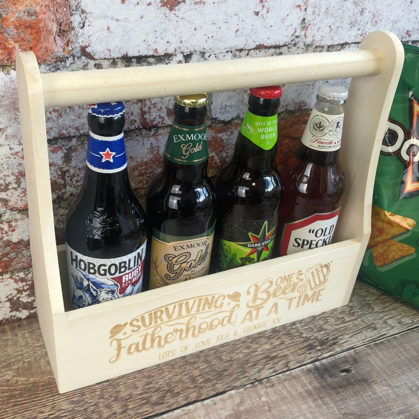 Personalised Wooden Beer Carrier - Surviving Fatherhood One Beer at a Time