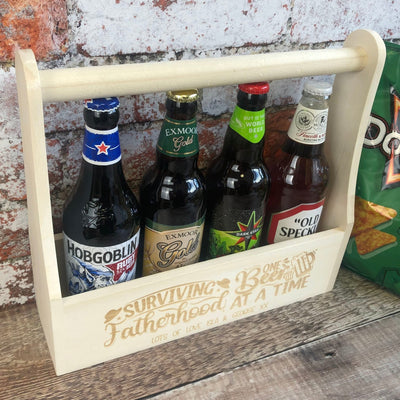 Personalised Wooden Beer Carrier - Surviving Fatherhood One Beer at a Time