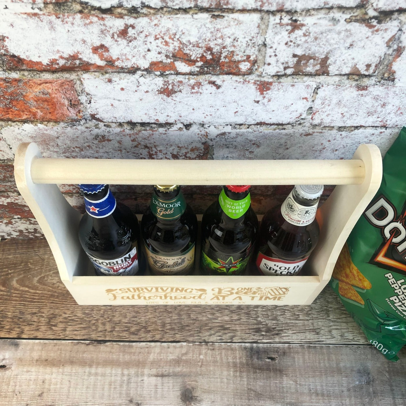 Personalised Wooden Beer Carrier - Surviving Fatherhood One Beer at a Time