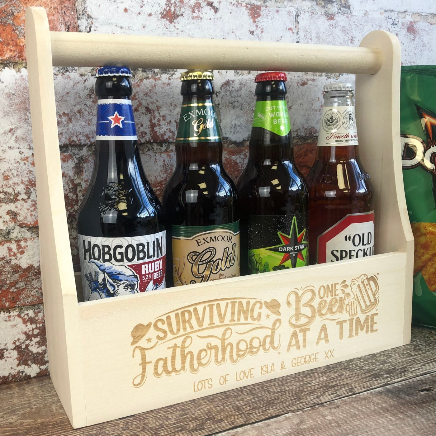 Personalised Wooden Beer Carrier - Surviving Fatherhood One Beer at a Time