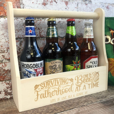 Personalised Wooden Beer Carrier - Surviving Fatherhood One Beer at a Time