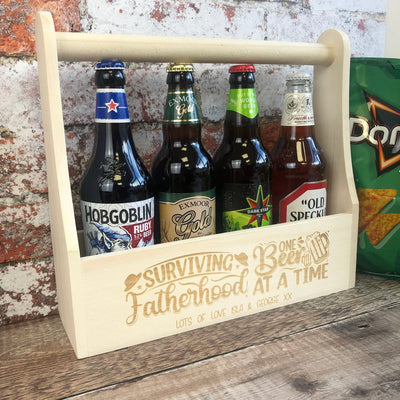 Personalised Wooden Beer Carrier - Surviving Fatherhood One Beer at a Time