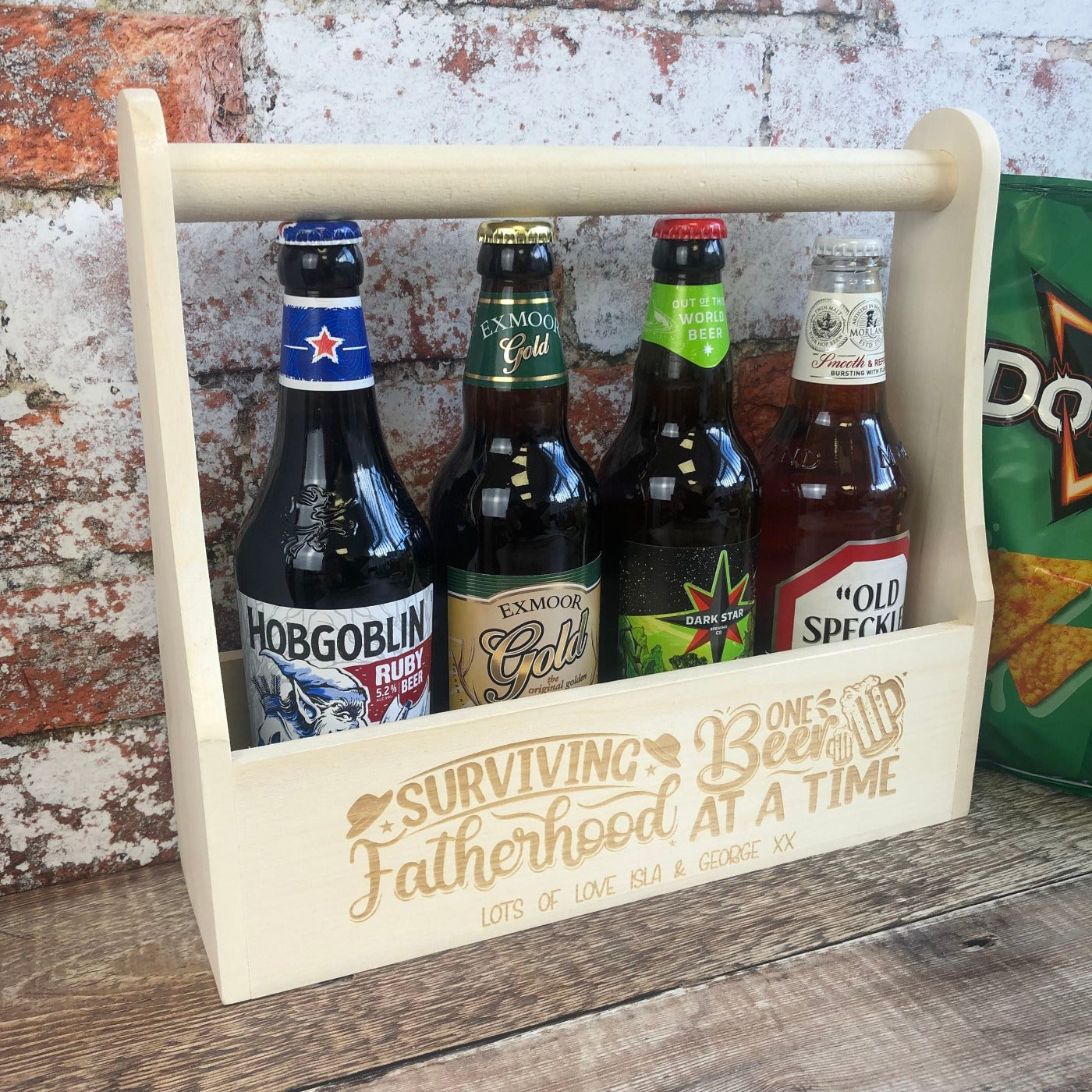 Personalised Wooden Beer Carrier - Surviving Fatherhood One Beer at a Time