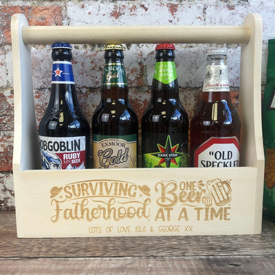 Personalised Wooden Beer Carrier - Surviving Fatherhood One Beer at a Time