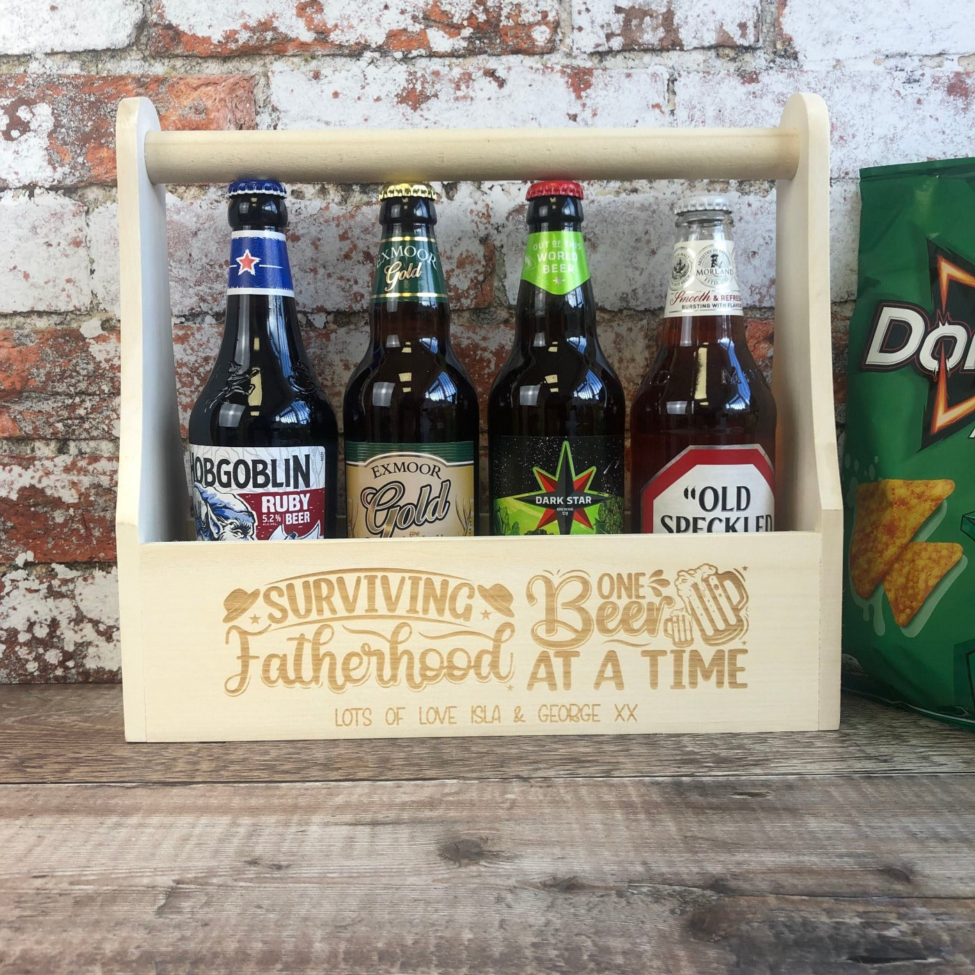 Personalised Wooden Beer Carrier - Surviving Fatherhood One Beer at a Time