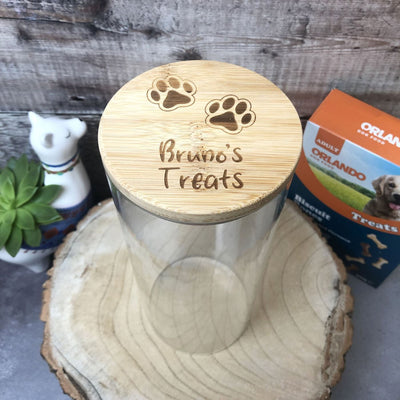 Personalised Glass Dog Treat Jar with Bamboo Lid | Paws