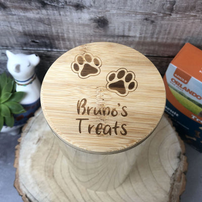 Personalised Glass Dog Treat Jar with Bamboo Lid | Paws