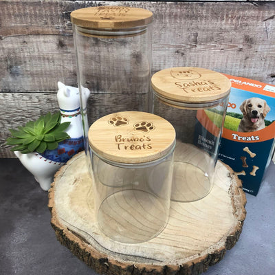 Personalised Glass Dog Treat Jar with Bamboo Lid | Paws