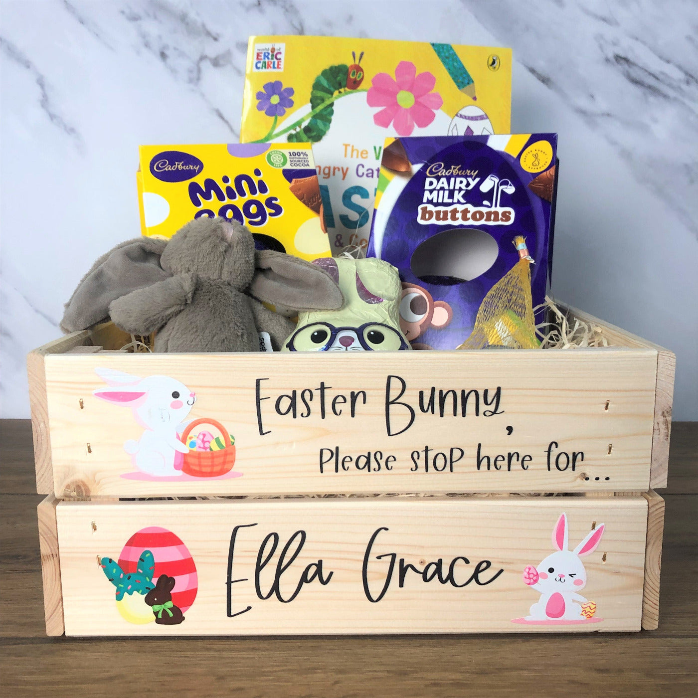 Personalised Solid Pine Flat Pack Slatted Crate - Easter Bunny