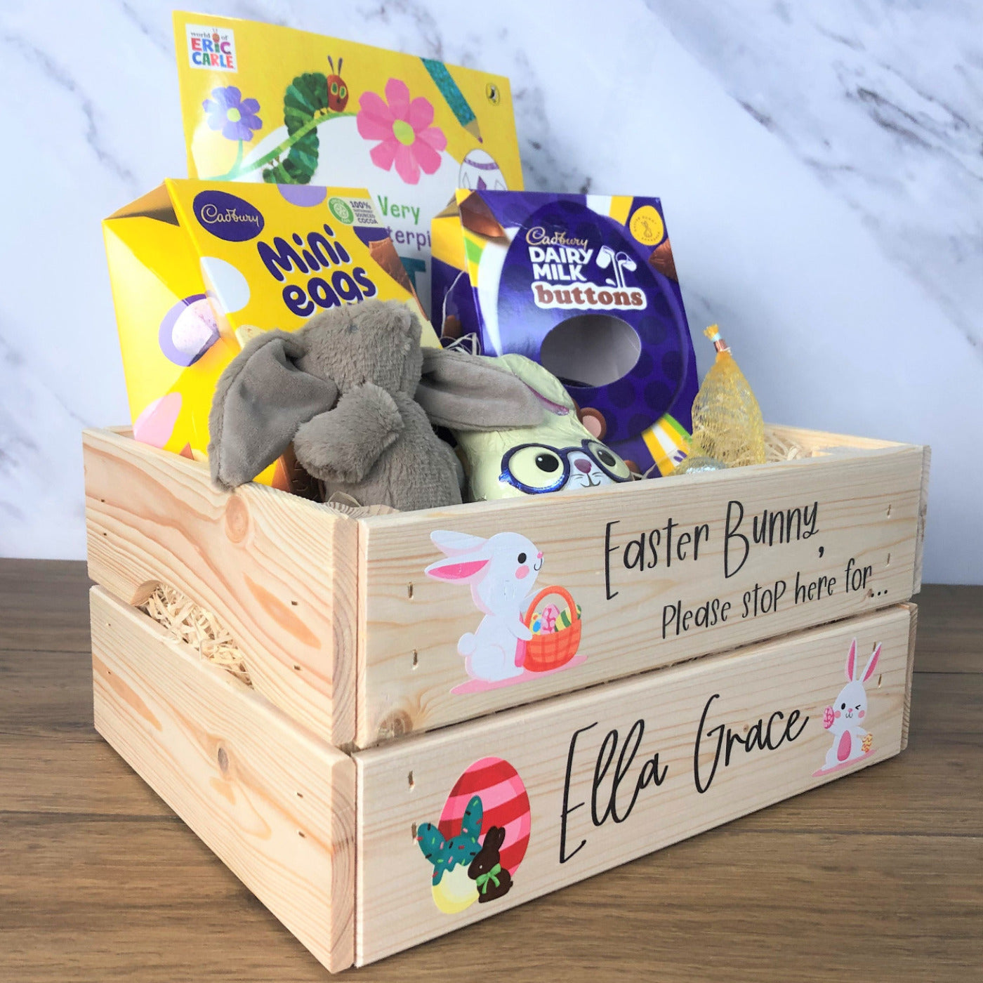 Personalised Solid Pine Flat Pack Slatted Crate - Easter Bunny