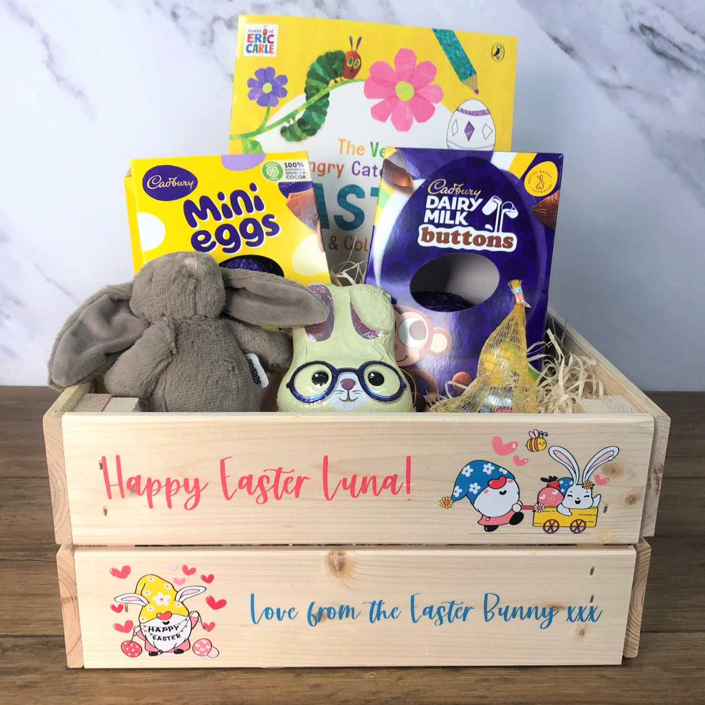 Personalised Solid Pine Flat Pack Slatted Crate - Happy Easter