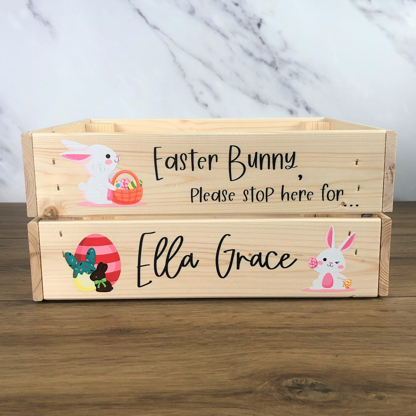 Personalised Solid Pine Flat Pack Slatted Crate - Easter Bunny