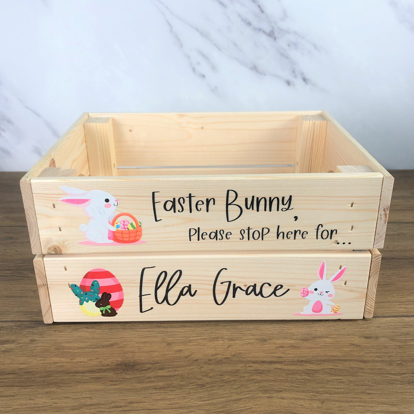 Personalised Solid Pine Flat Pack Slatted Crate - Easter Bunny