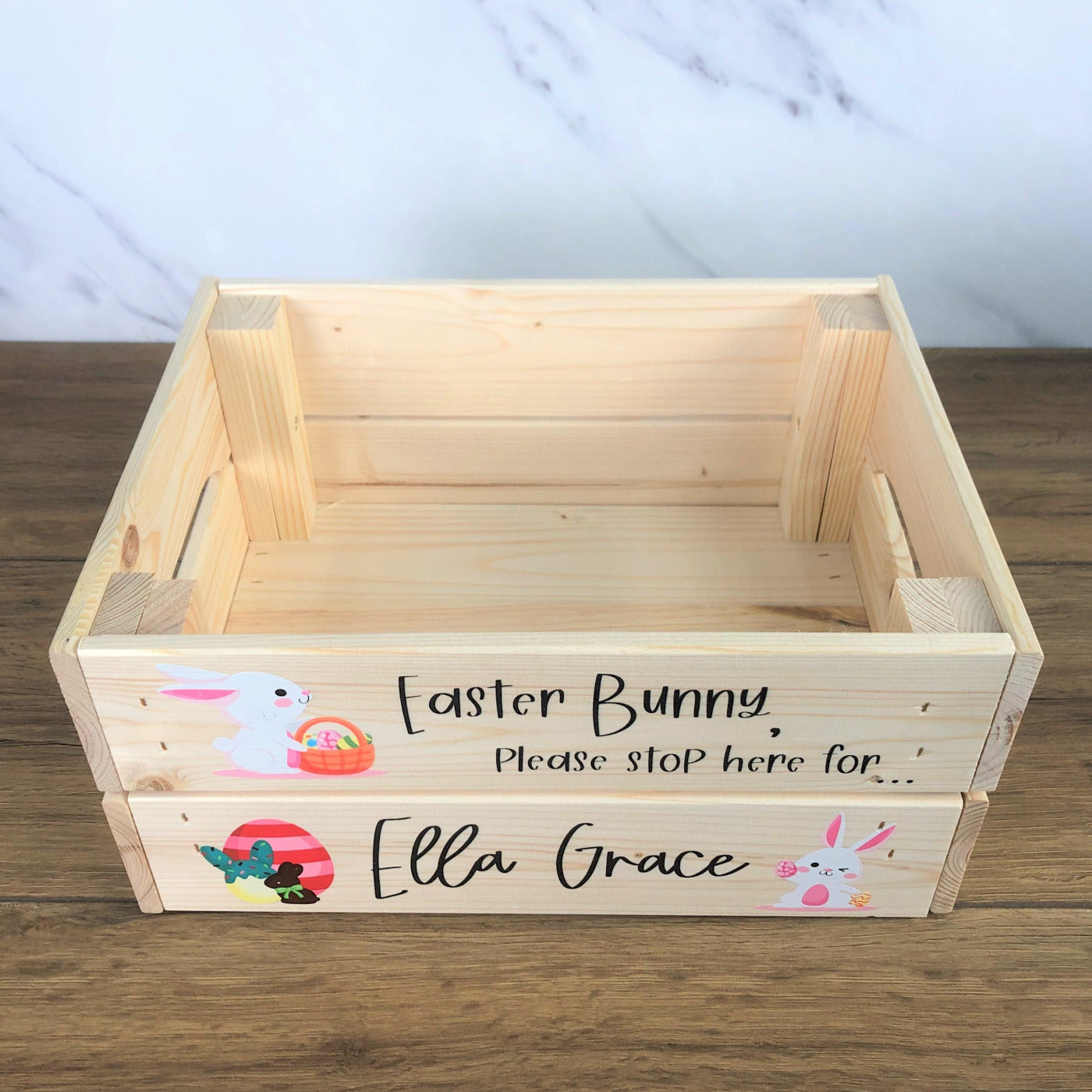 Personalised Solid Pine Flat Pack Slatted Crate - Easter Bunny