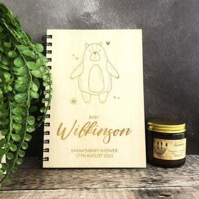 Personalised Baby Shower A5 Wood Cover Spiral Bound Plain Teddy Bear Notepad