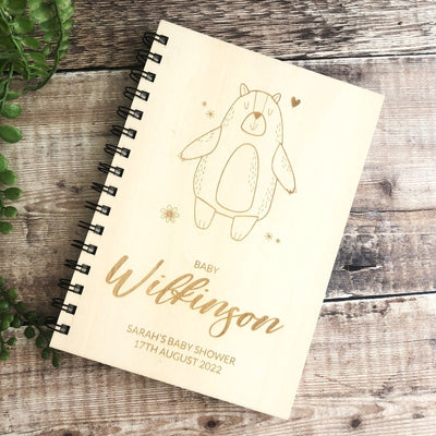 Personalised Baby Shower A5 Wood Cover Spiral Bound Plain Teddy Bear Notepad