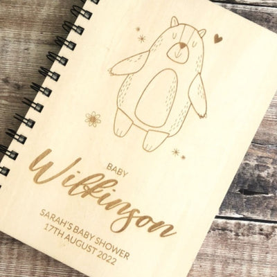 Personalised Baby Shower A5 Wood Cover Spiral Bound Plain Teddy Bear Notepad