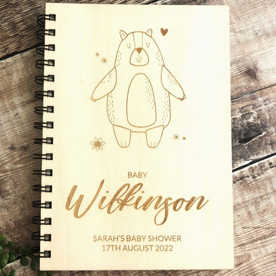 Personalised Baby Shower A5 Wood Cover Spiral Bound Plain Teddy Bear Notepad