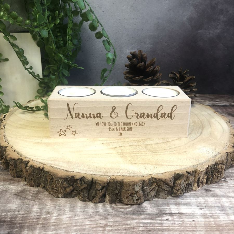 Personalised Wooden Tealight Holder - Nanna & Grandad