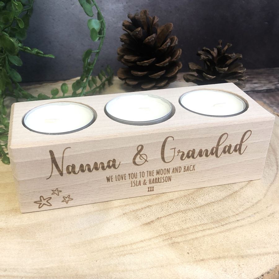 Personalised Wooden Tealight Holder - Nanna & Grandad
