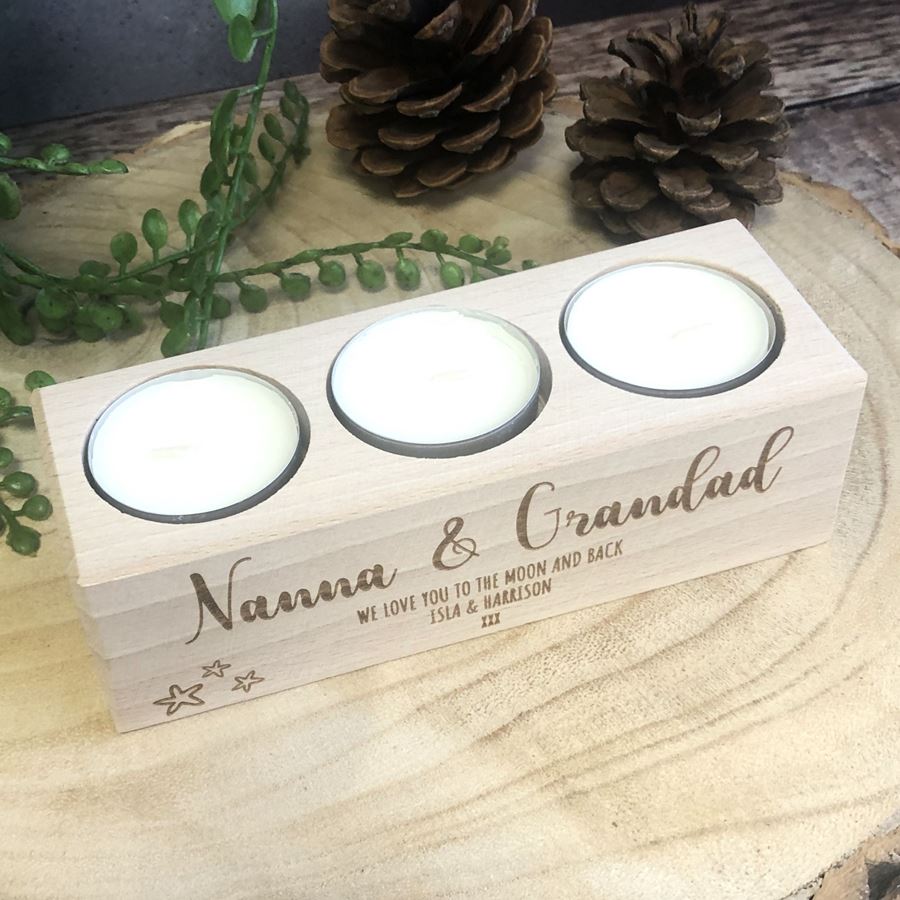Personalised Wooden Tealight Holder - Nanna & Grandad