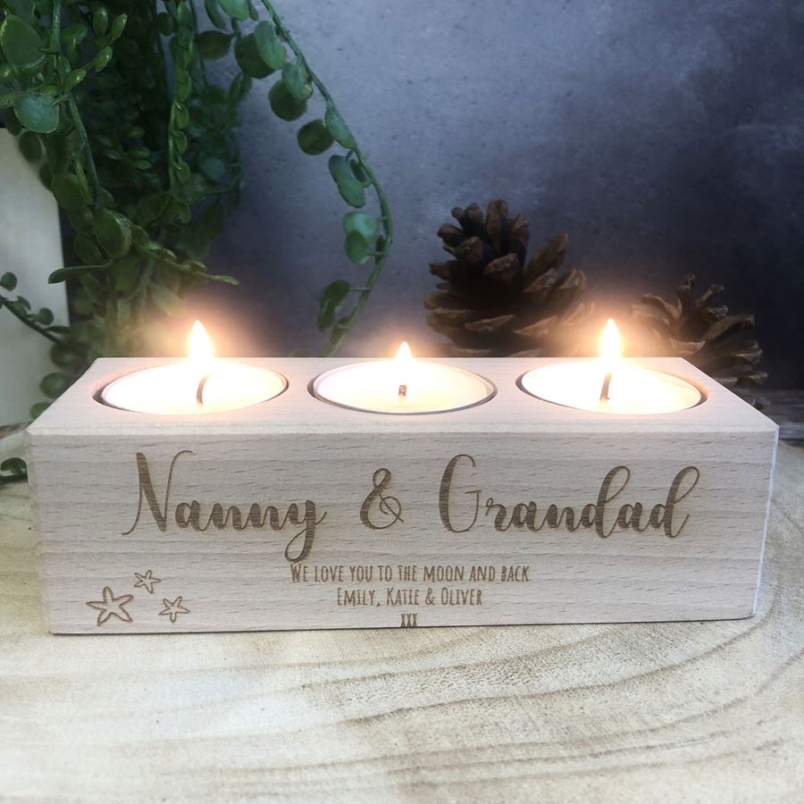 Personalised Wooden Tealight Holder - Nanna & Grandad