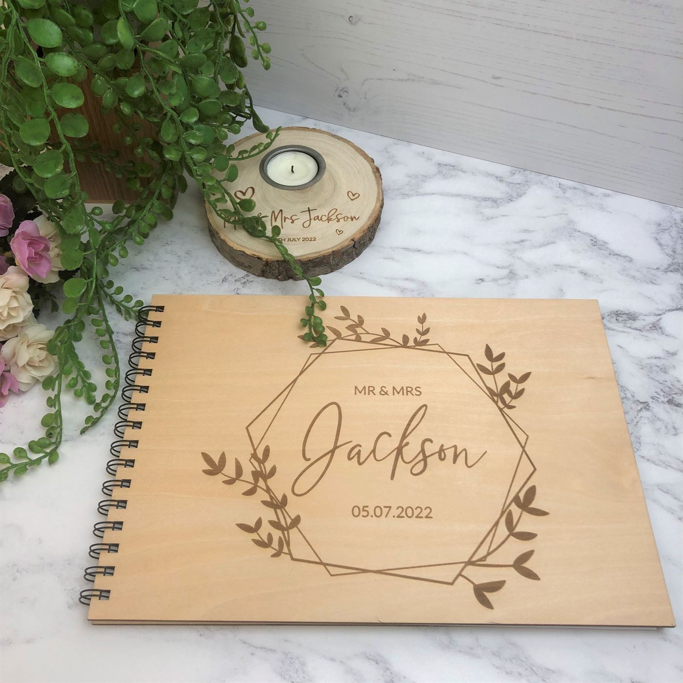 Personalised Wooden A4 Wedding Guest Book - Wreath