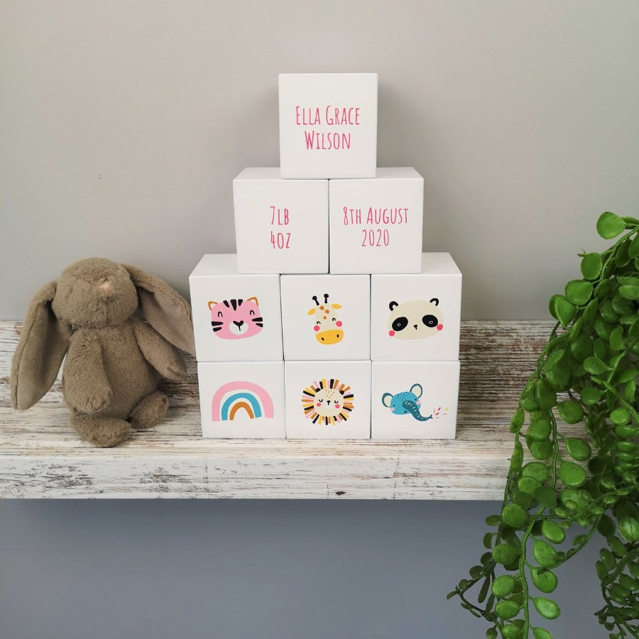 Personalised Baby Keepsake White Wood Building Blocks Rainbow