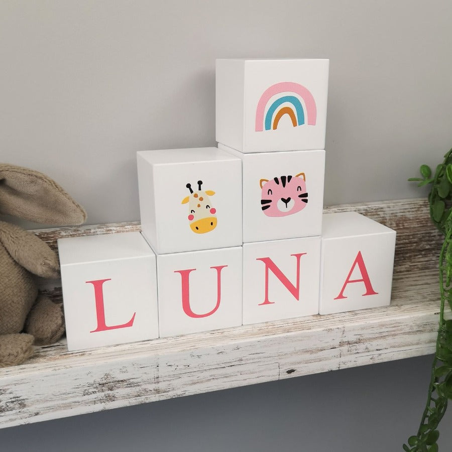 Personalised Baby Keepsake White Wood Building Blocks - Rainbow Symbols