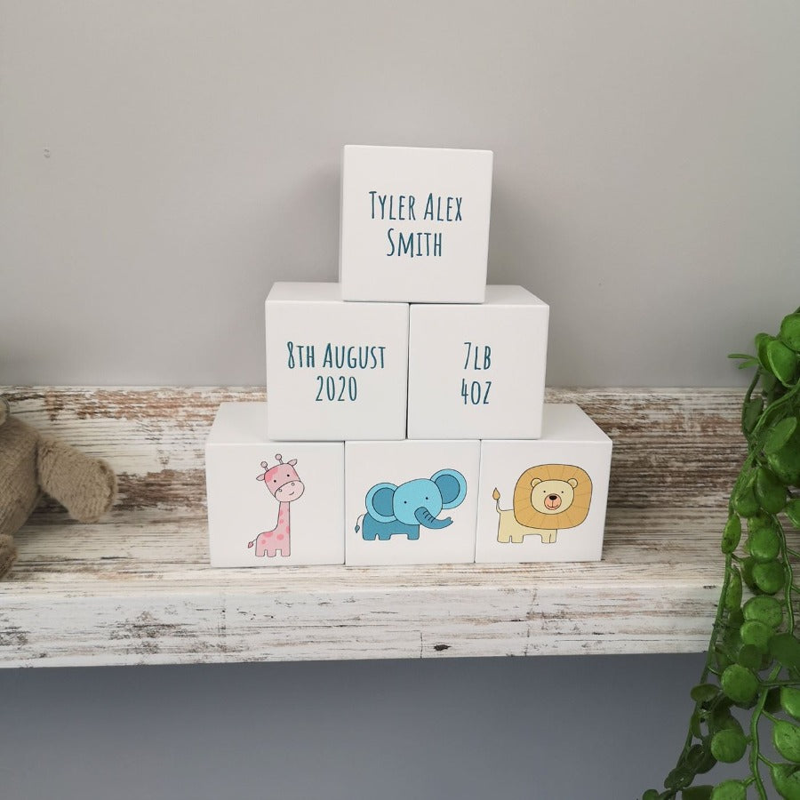 Personalised Baby Keepsake White Building Blocks - Safari Animals