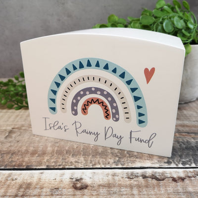 Personalised Solid Wood Luxury Money Box With Rainbow