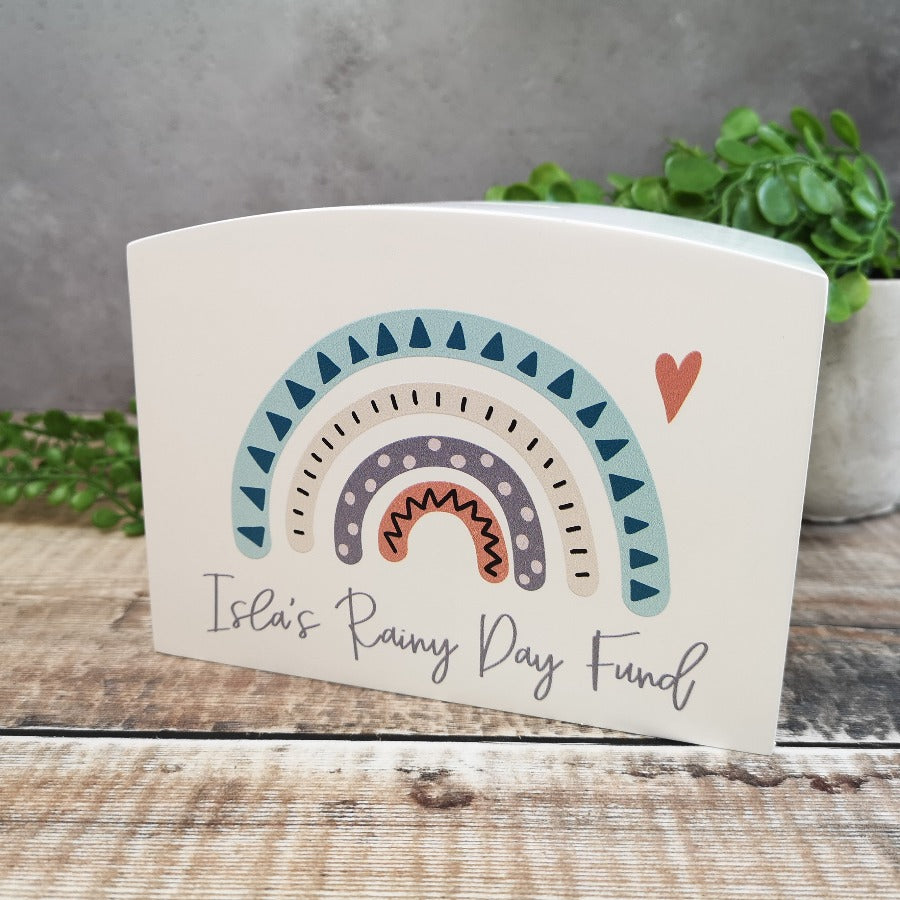 Personalised Solid Wood Luxury Money Box With Rainbow