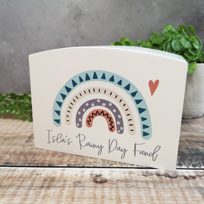 Personalised Solid Wood Luxury Money Box With Rainbow