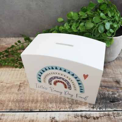 Personalised Solid Wood Luxury Money Box With Rainbow