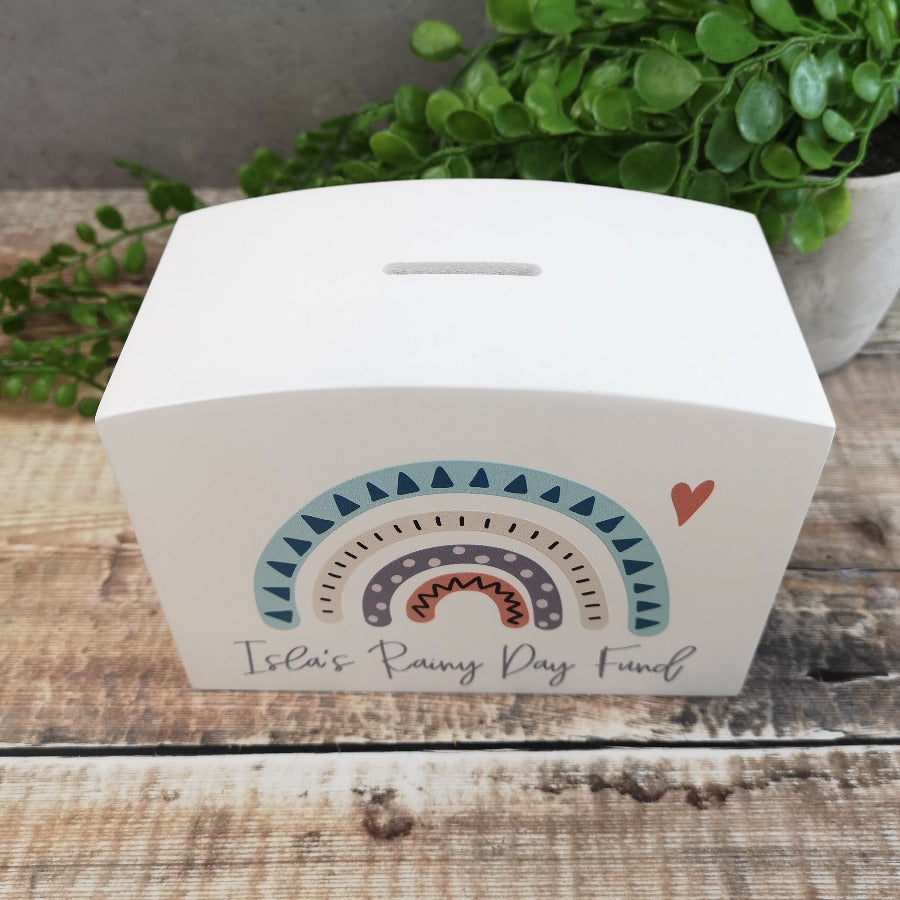 Personalised Solid Wood Luxury Money Box With Rainbow