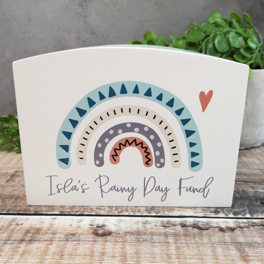 Personalised Solid Wood Luxury Money Box With Rainbow