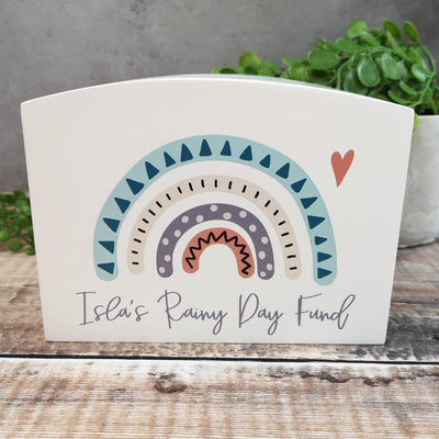 Personalised Solid Wood Luxury Money Box With Rainbow