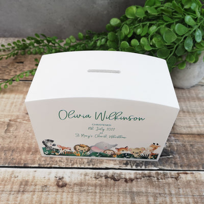 Personalised Solid Wood Luxury Money Box With Safari Animals