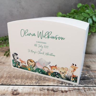 Personalised Solid Wood Luxury Money Box With Safari Animals