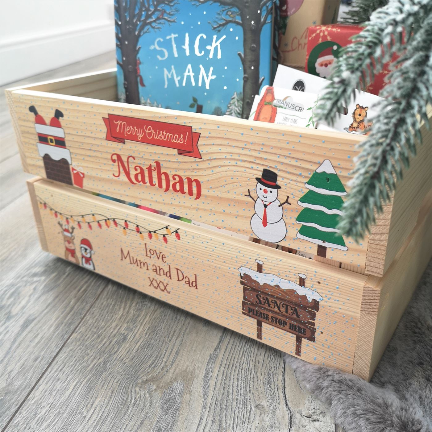 Personalised Christmas Eve Box Wooden Pine Crate - Santa's Chimney