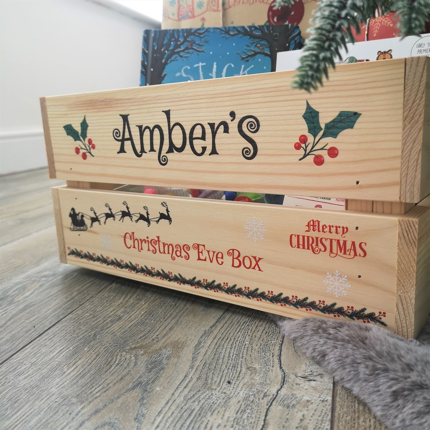 Personalised Christmas Eve Box Wooden Pine Crate - Santa's Reindeer