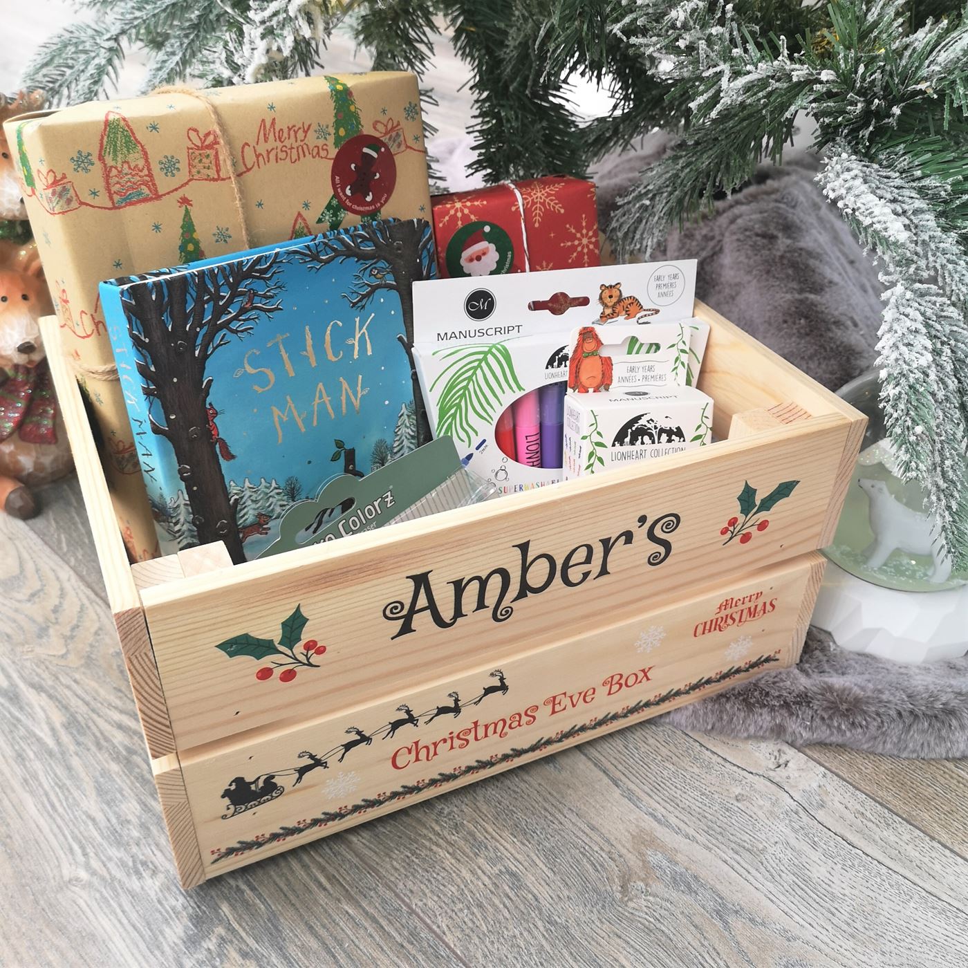 Personalised Christmas Eve Box Wooden Pine Crate - Santa's Reindeer