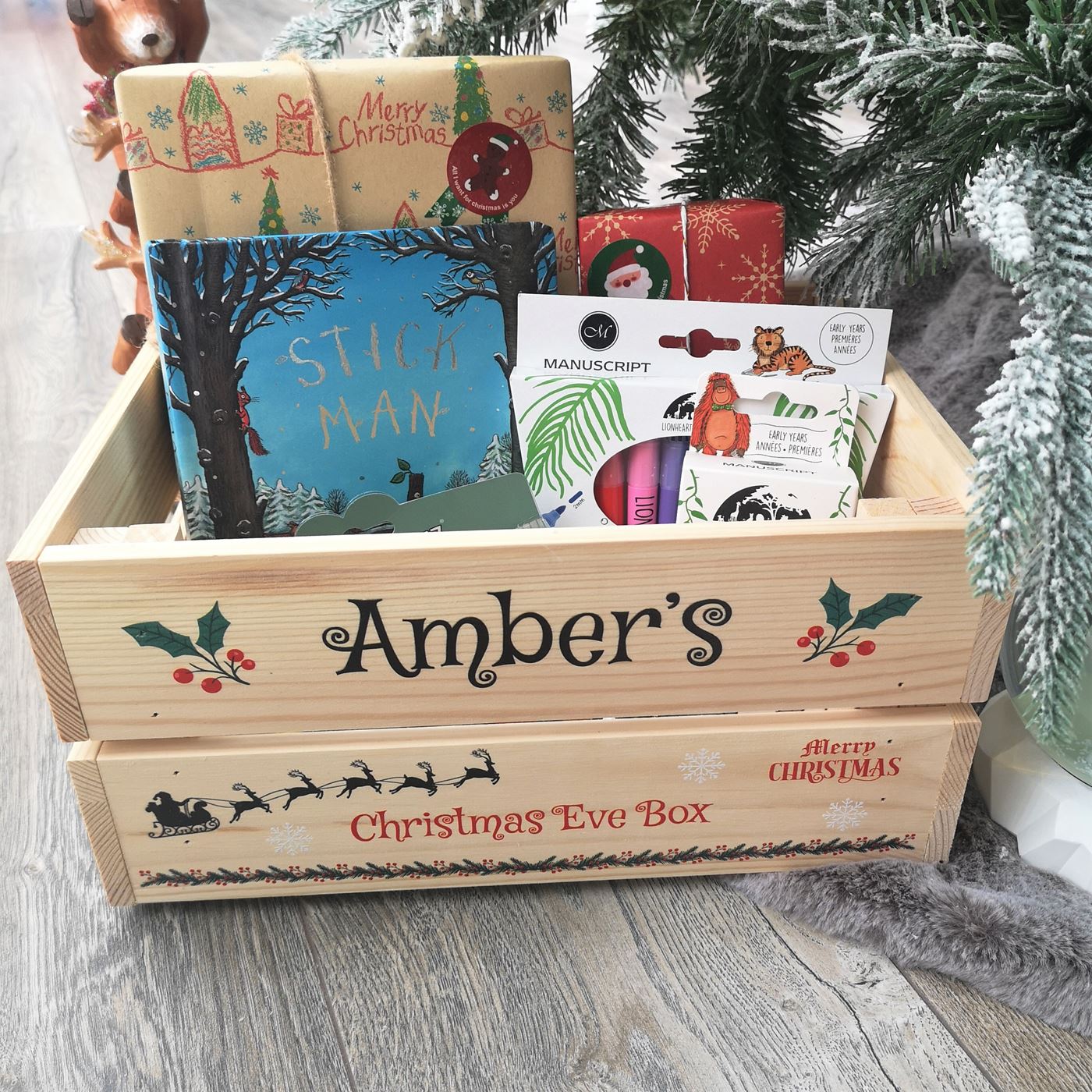 Personalised Christmas Eve Box Wooden Pine Crate - Santa's Reindeer