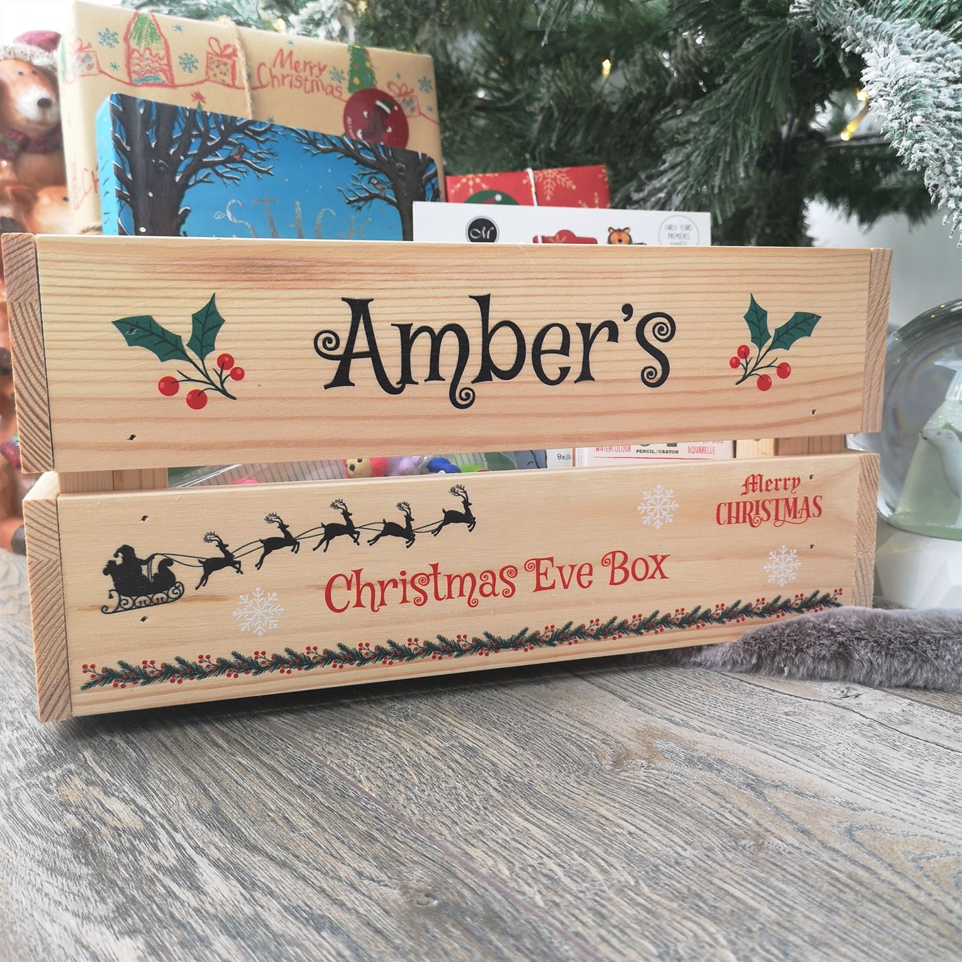 Personalised Christmas Eve Box Wooden Pine Crate - Santa's Reindeer