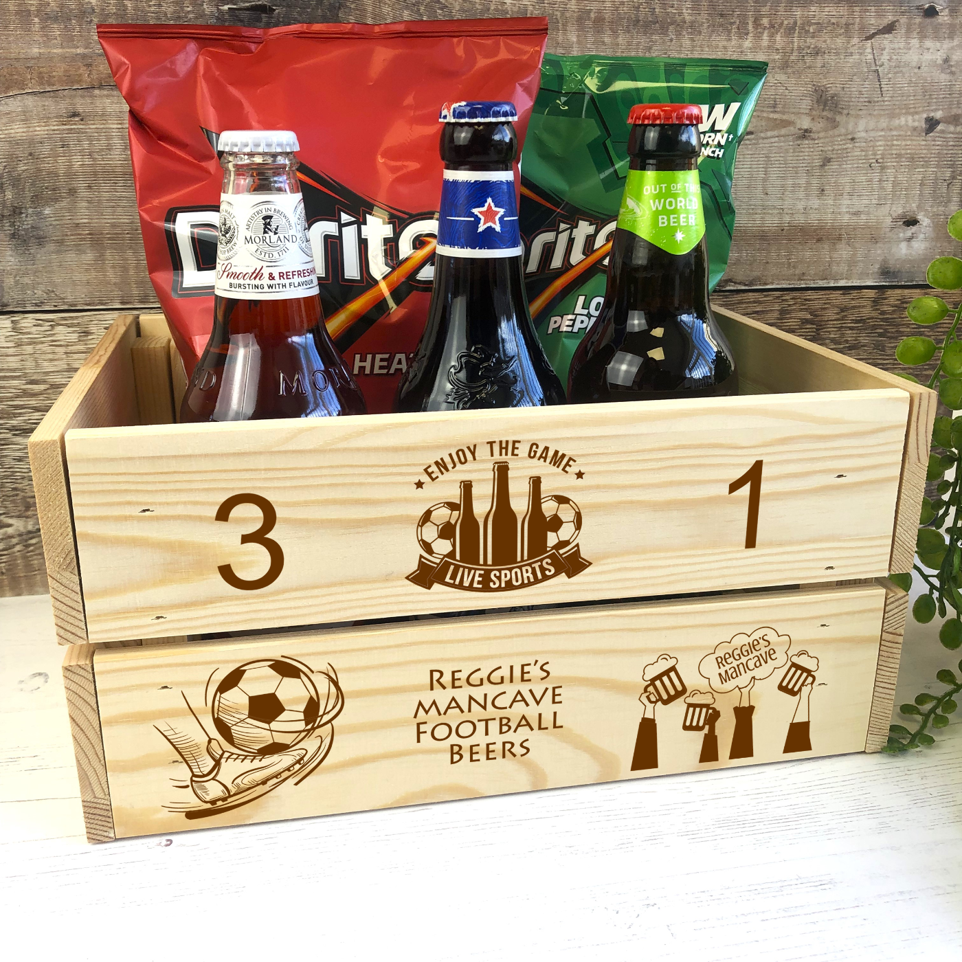 Personalised Engraved Wooden Football Beer Crate - Score Theme