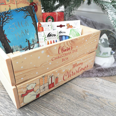 Personalised Christmas Eve Box Wooden Pine Crate - Cute Polar Bear