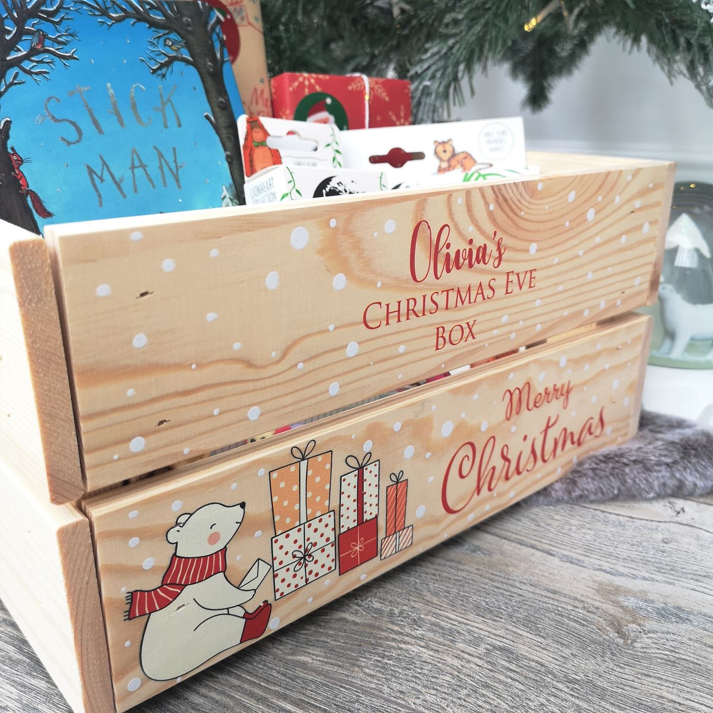 Personalised Christmas Eve Box Wooden Pine Crate - Cute Polar Bear